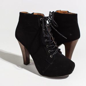 Black Lace-Up High Heel Granny Boots Size 8.5 Vegan Suede 4” Chunky Wooden Heel